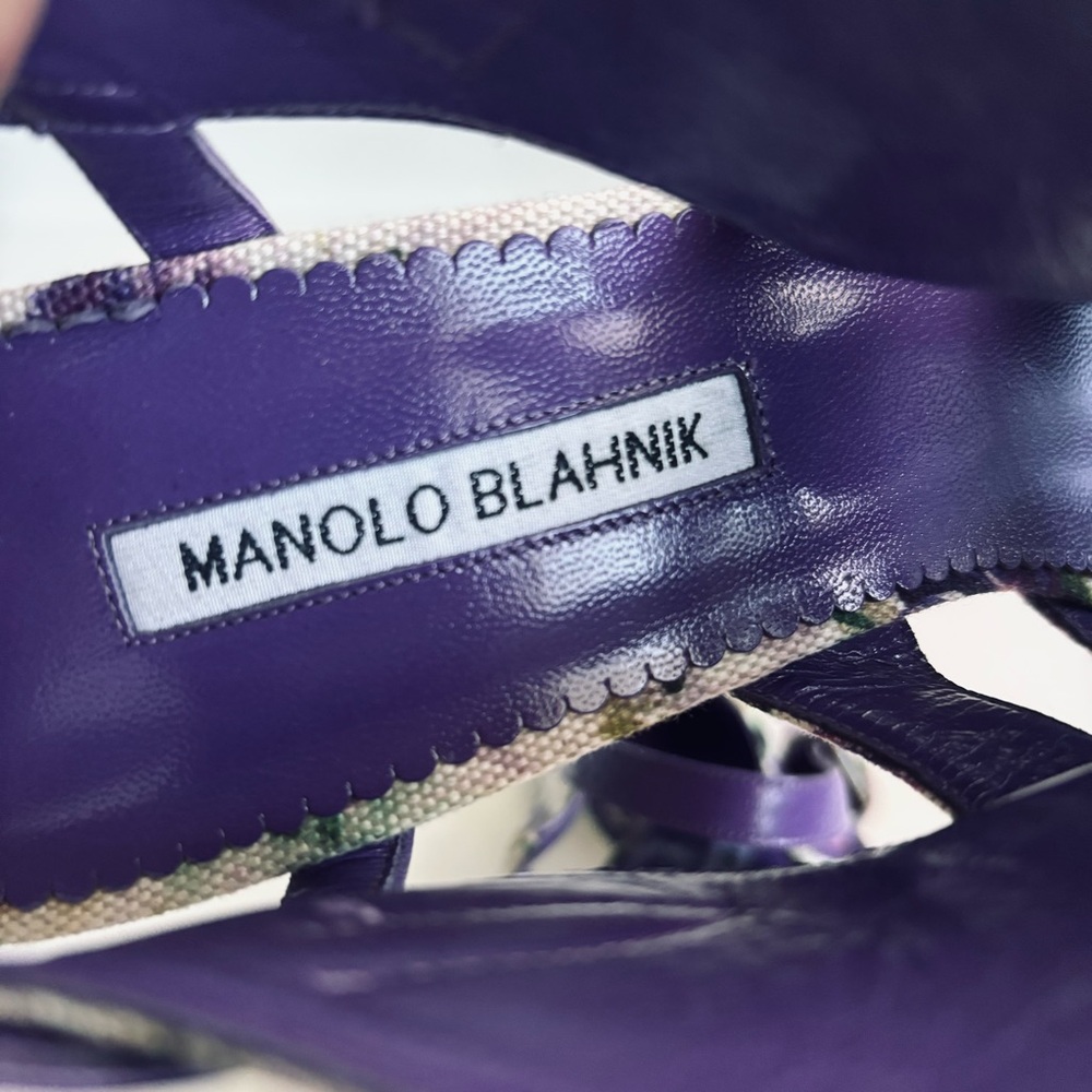 Manolo Blahnik Floral Cotton Slingback Purple Heels Sandals Shoe Size 11.5 - Picture 9 of 15